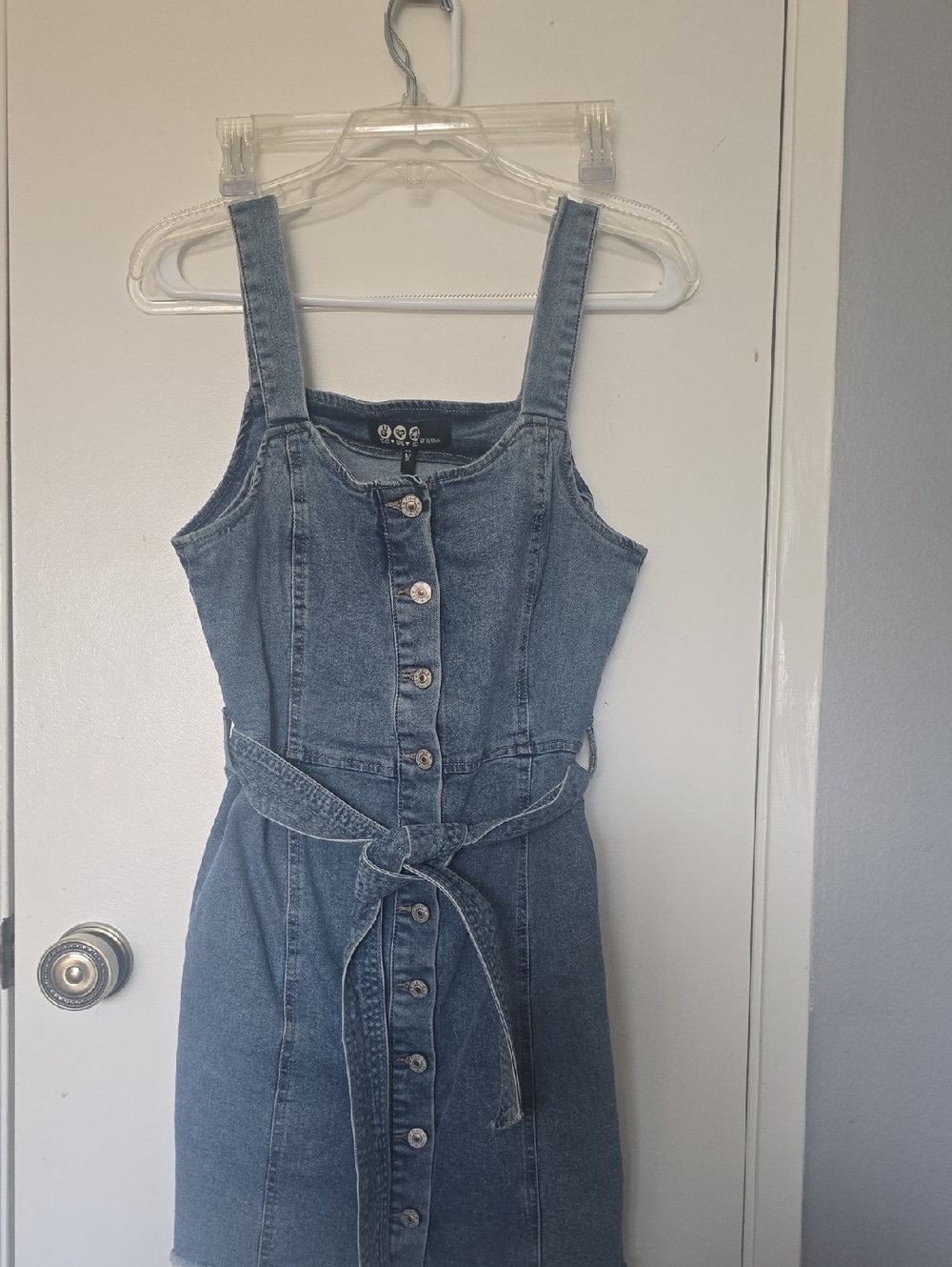 Rewash Blue Denim Button-Front Mini Dress with Tie Waist